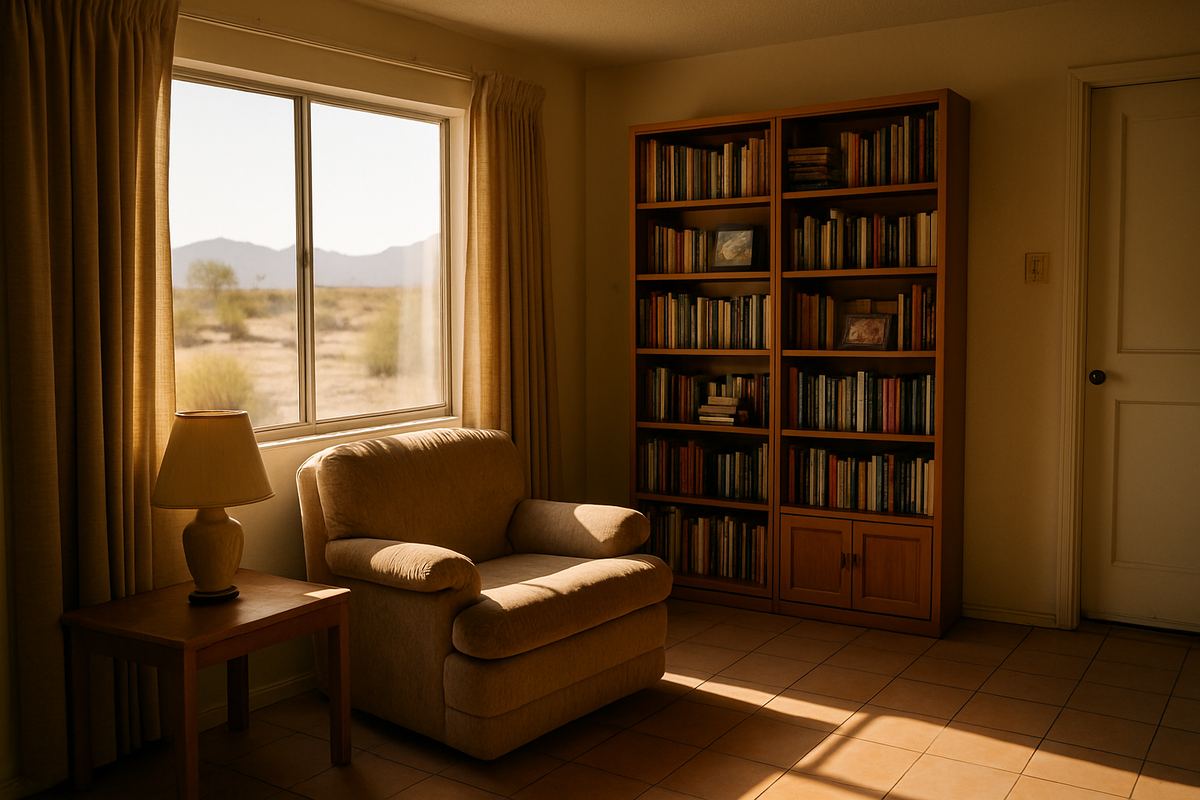 Quiet living room with bookshelves in a family home