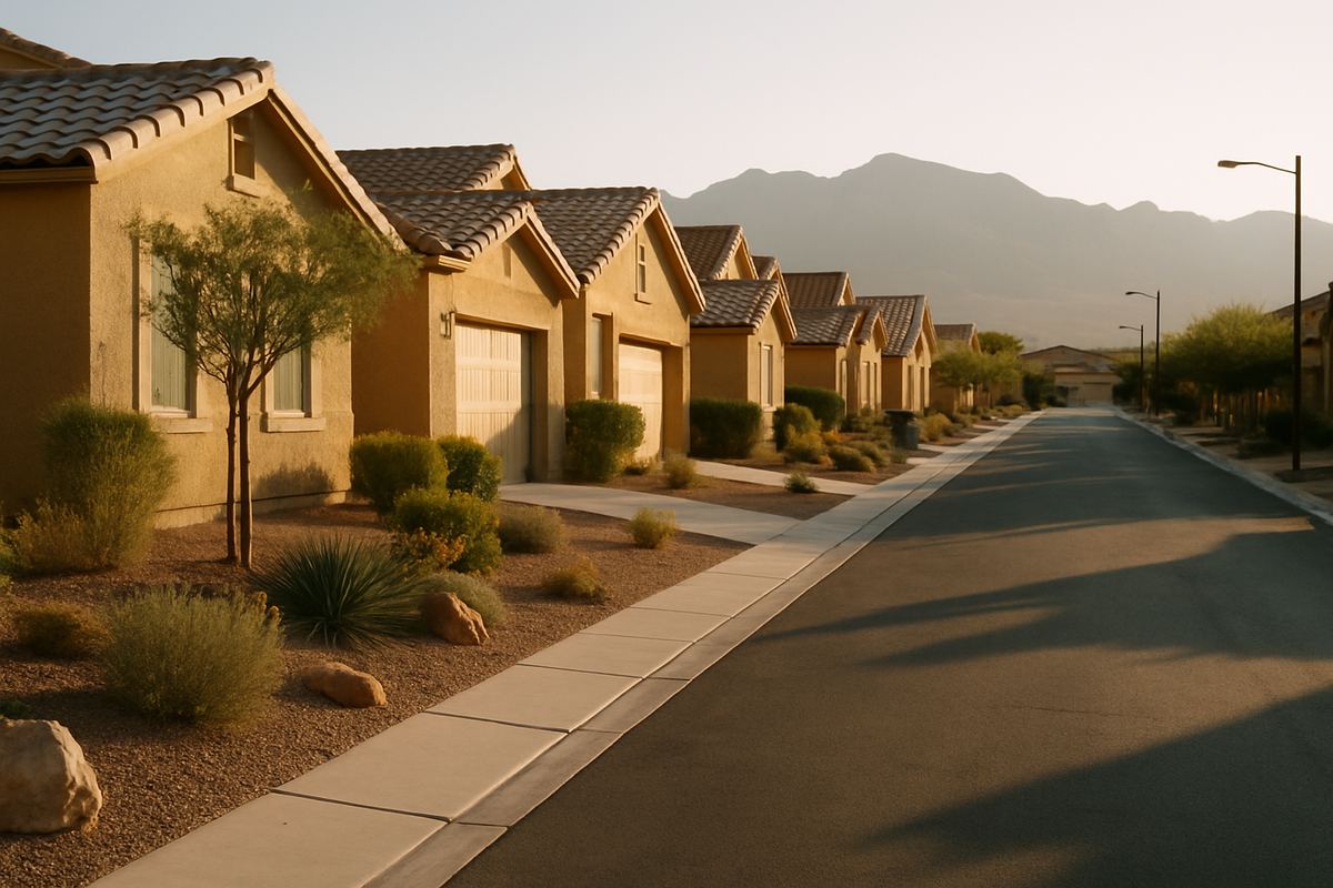 Modest stucco homes on a Las Vegas street with mountains behind