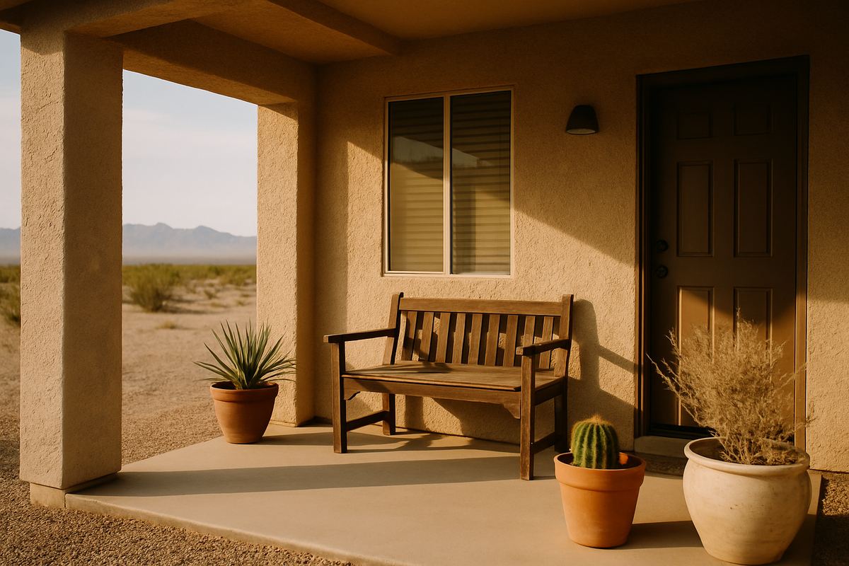 Shaded front porch of a modest stucco home