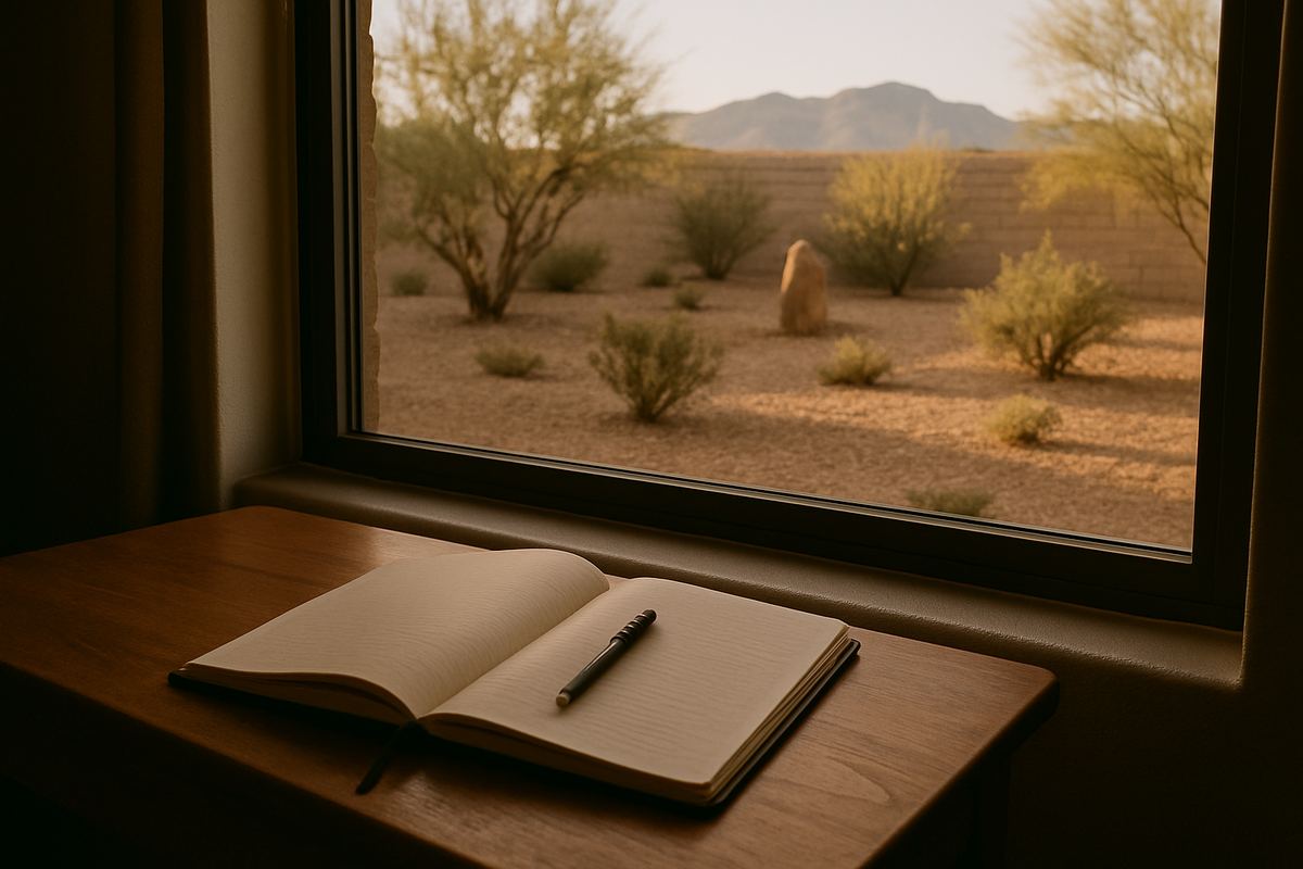 Notebook on a table near a window overlooking a desert yard