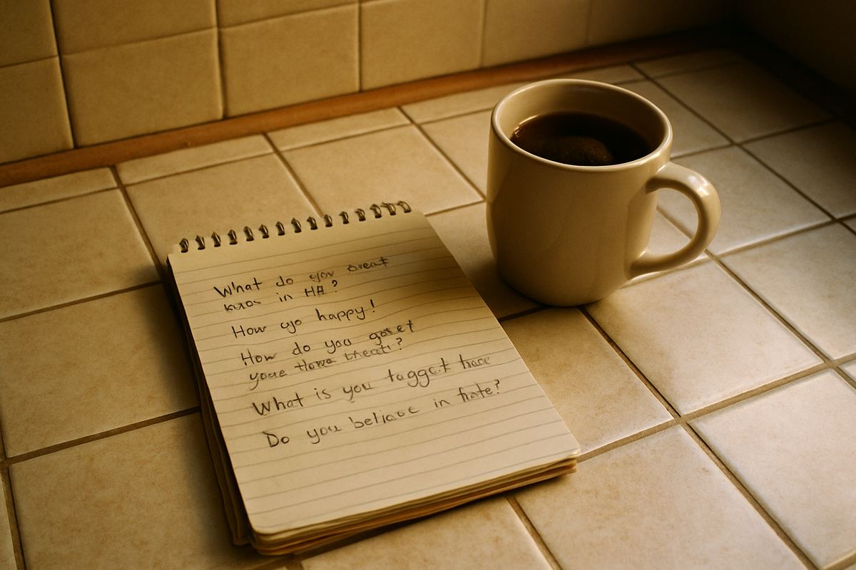Notepad with handwritten questions on a kitchen counter