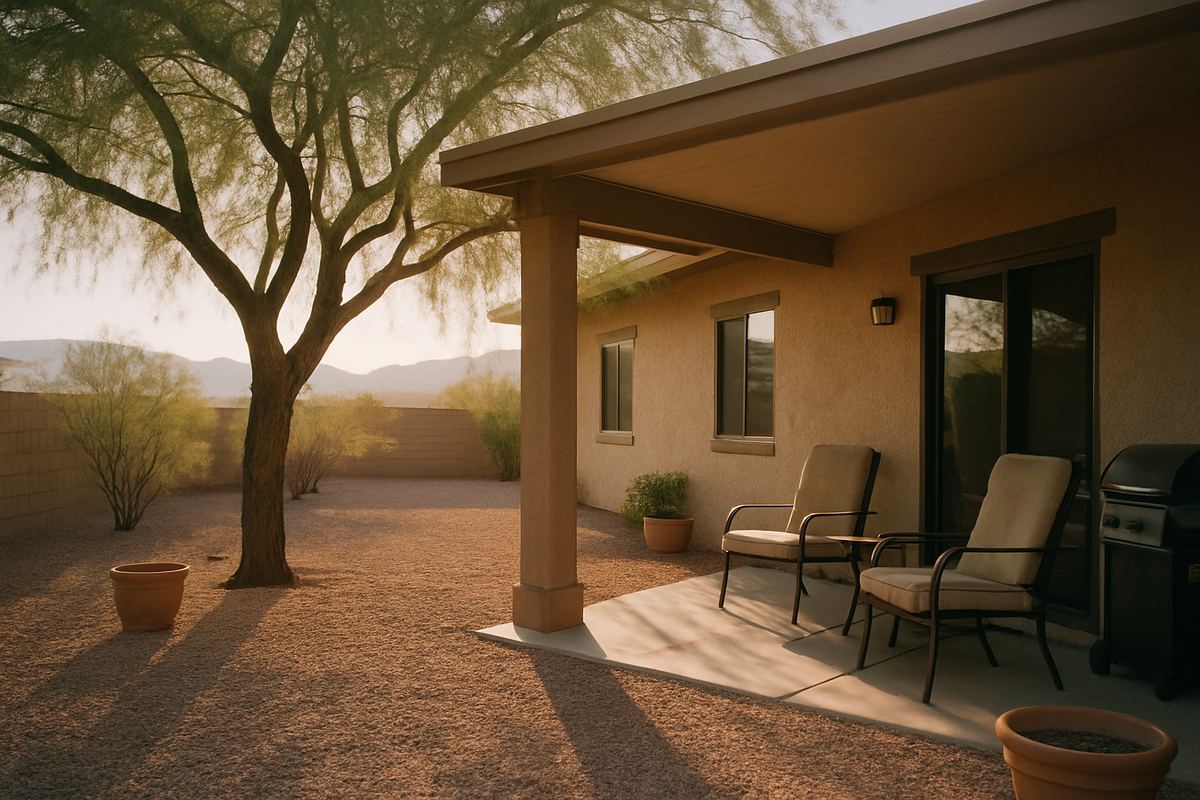 Backyard patio with desert landscaping at a Las Vegas home