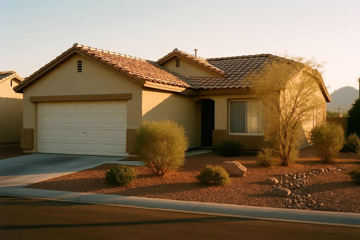 Casa de estuco de un piso en Las Vegas, parte de una herencia, con techo de teja y jardín desértico