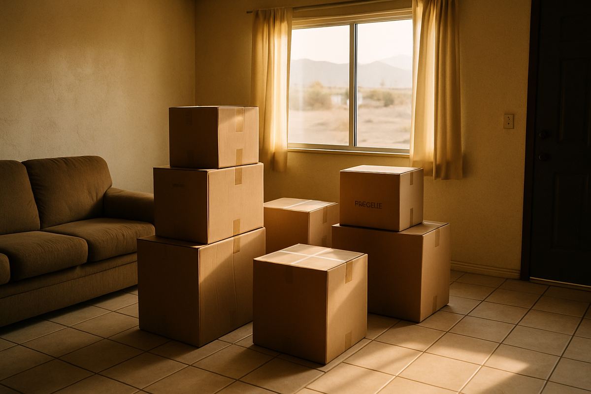 Stacked boxes of belongings in the living room of an older home