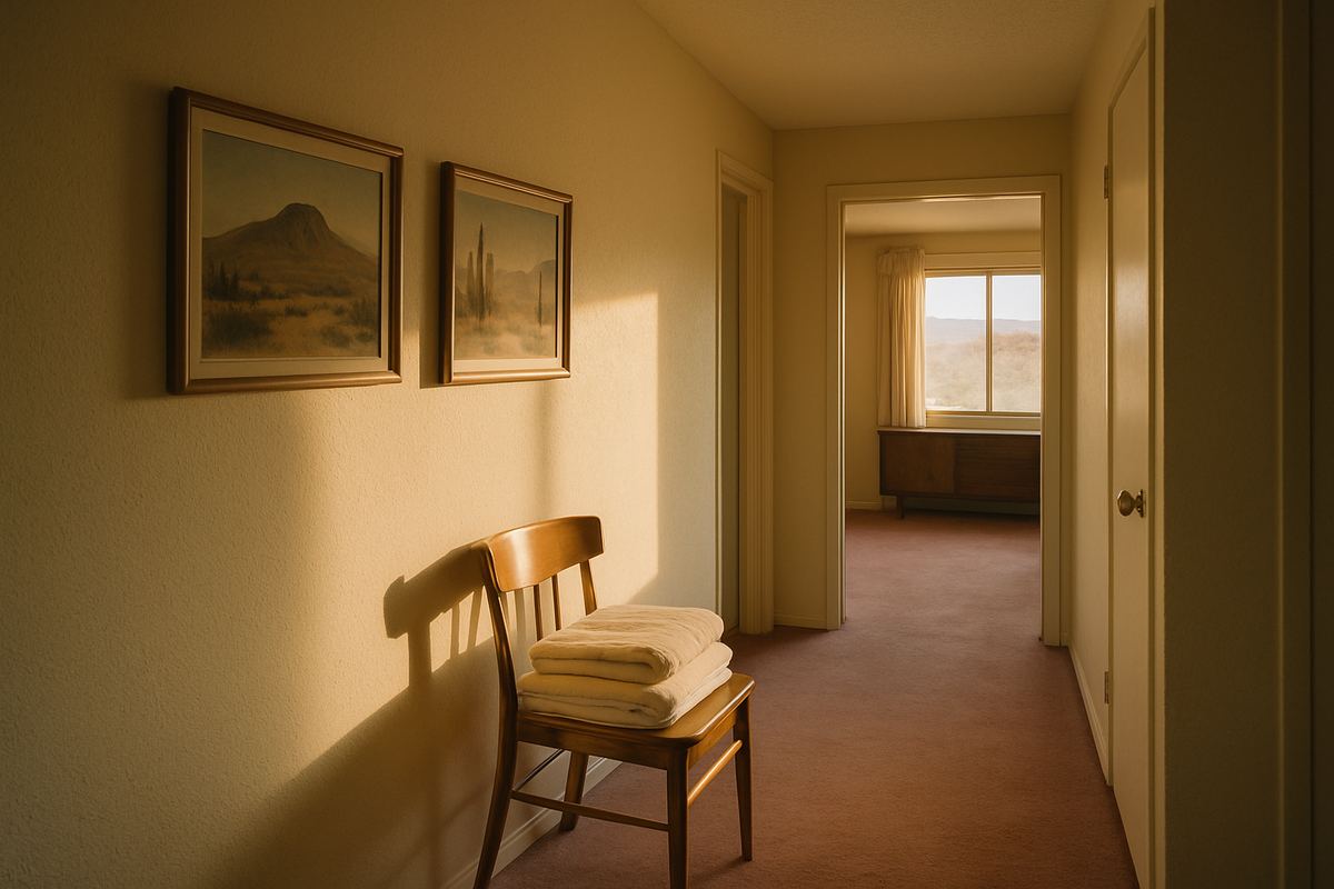 Hallway of a mid-century ranch home with linens folded on a chair