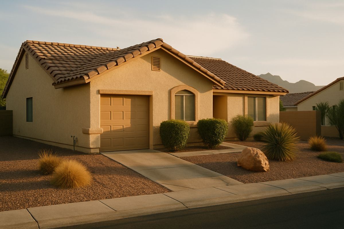 Single-story inherited stucco home under a tile roof in a Las Vegas neighborhood