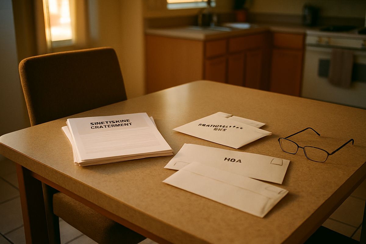 Mortgage, tax and HOA paperwork stacked on a kitchen table