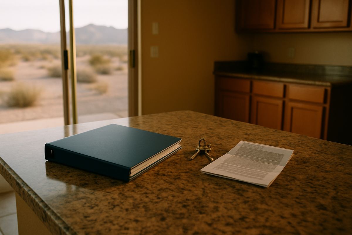 Trust binder and house keys on a kitchen counter