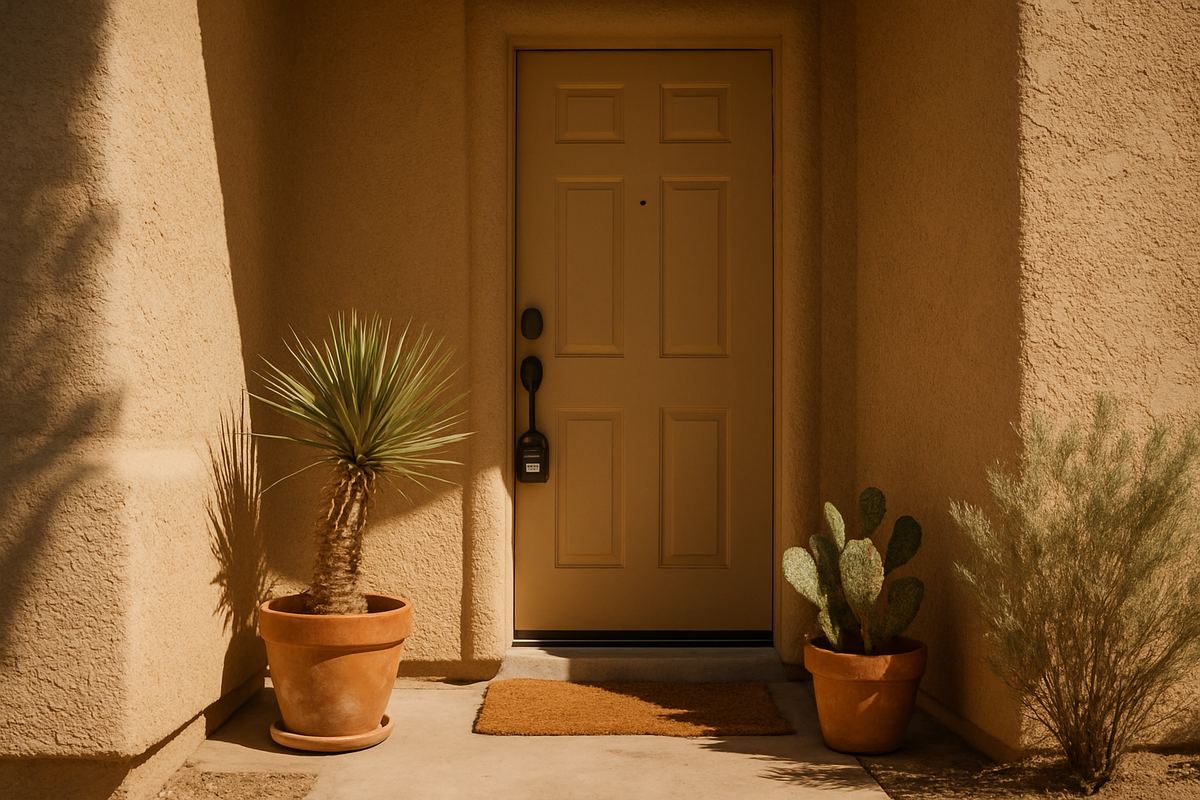 Front entry of a vacant Las Vegas home with a lockbox