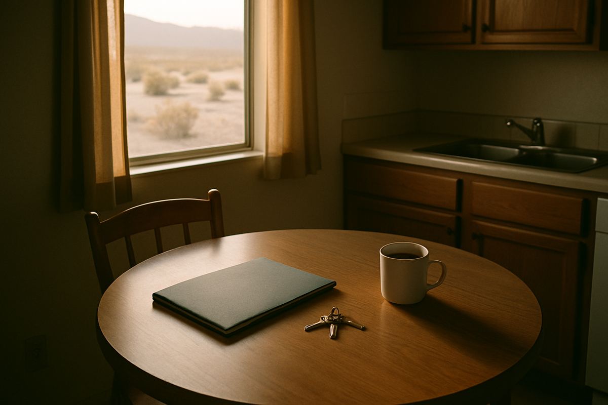 Kitchen table with a folder, keys and coffee
