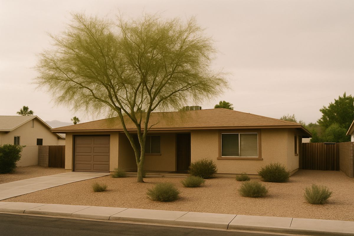 Older single-story stucco home with desert landscaping in Las Vegas