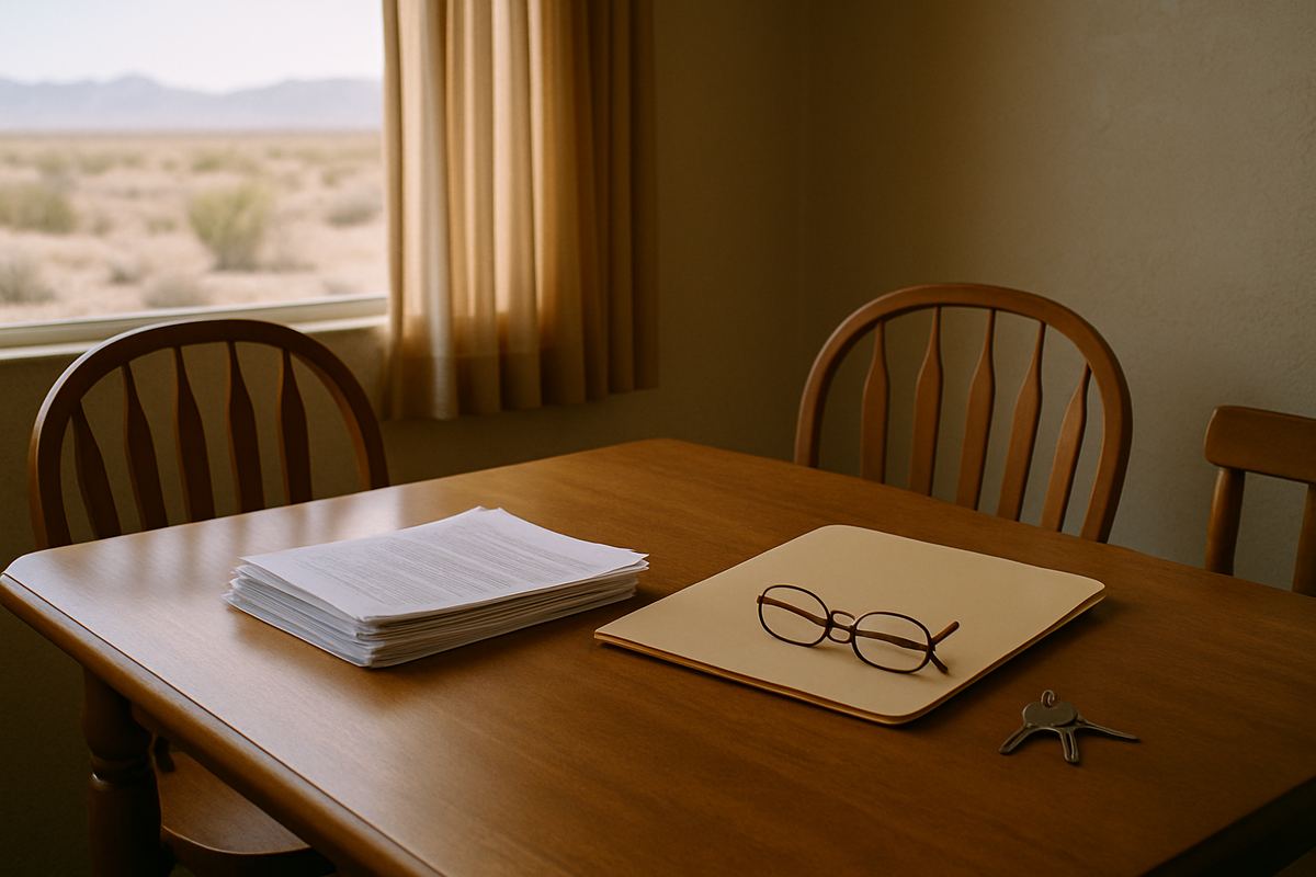Probate paperwork and house keys on a dining table