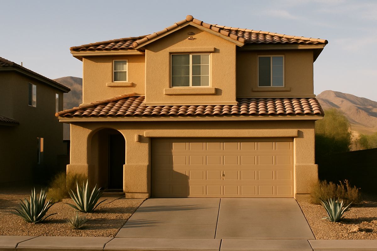 Stucco home with tile roof and rock landscaping in the Las Vegas valley
