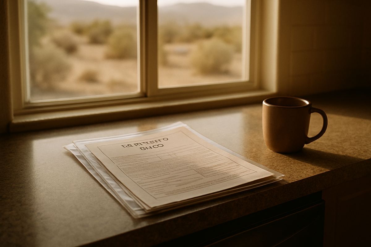 Property documents in a folder on a kitchen counter