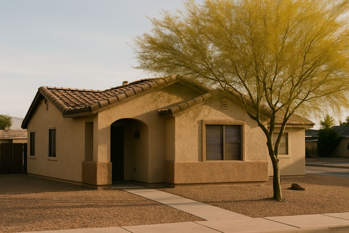 Small stucco house with a gravel yard and palo verde tree