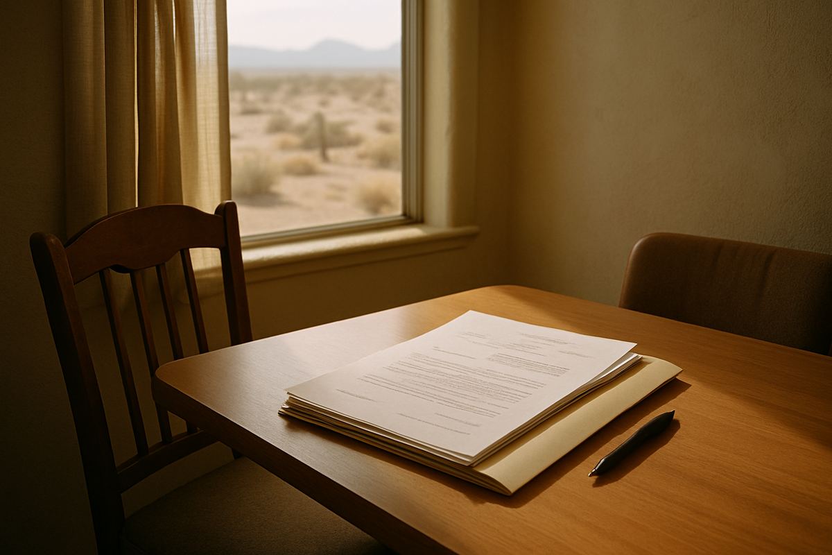 Estate court paperwork in a folder on a dining table