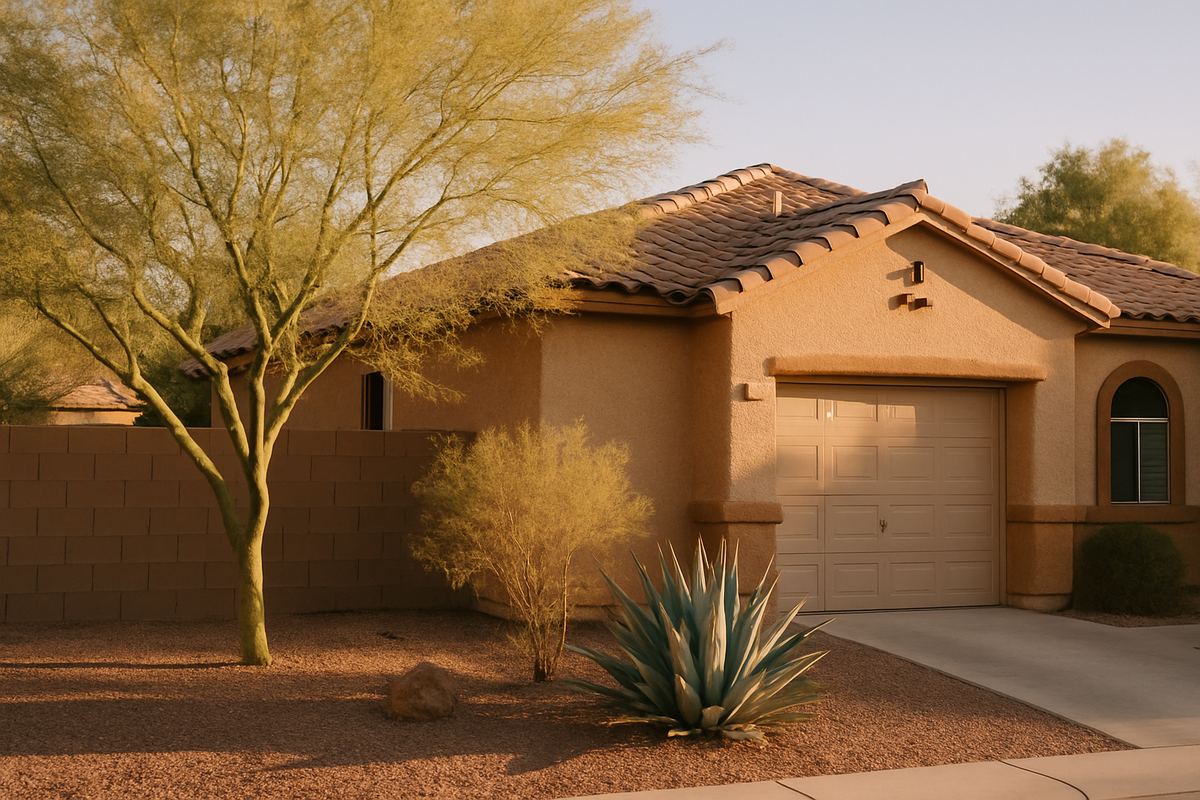 Southwestern-style stucco home with desert landscaping in Spring Valley