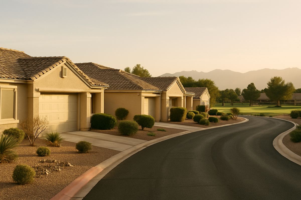 Single-story homes along a quiet 55+ community street in northwest Las Vegas
