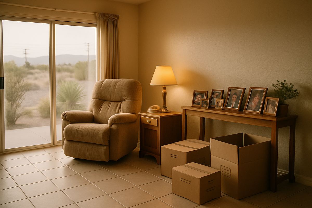 Tidy villa living room with framed photos and packed boxes