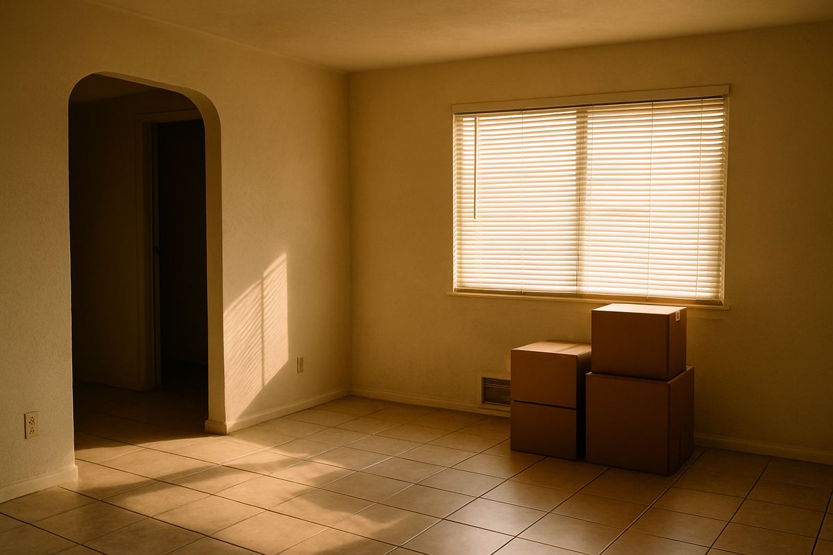 Quiet living room with packed boxes in an older Sunrise Manor home