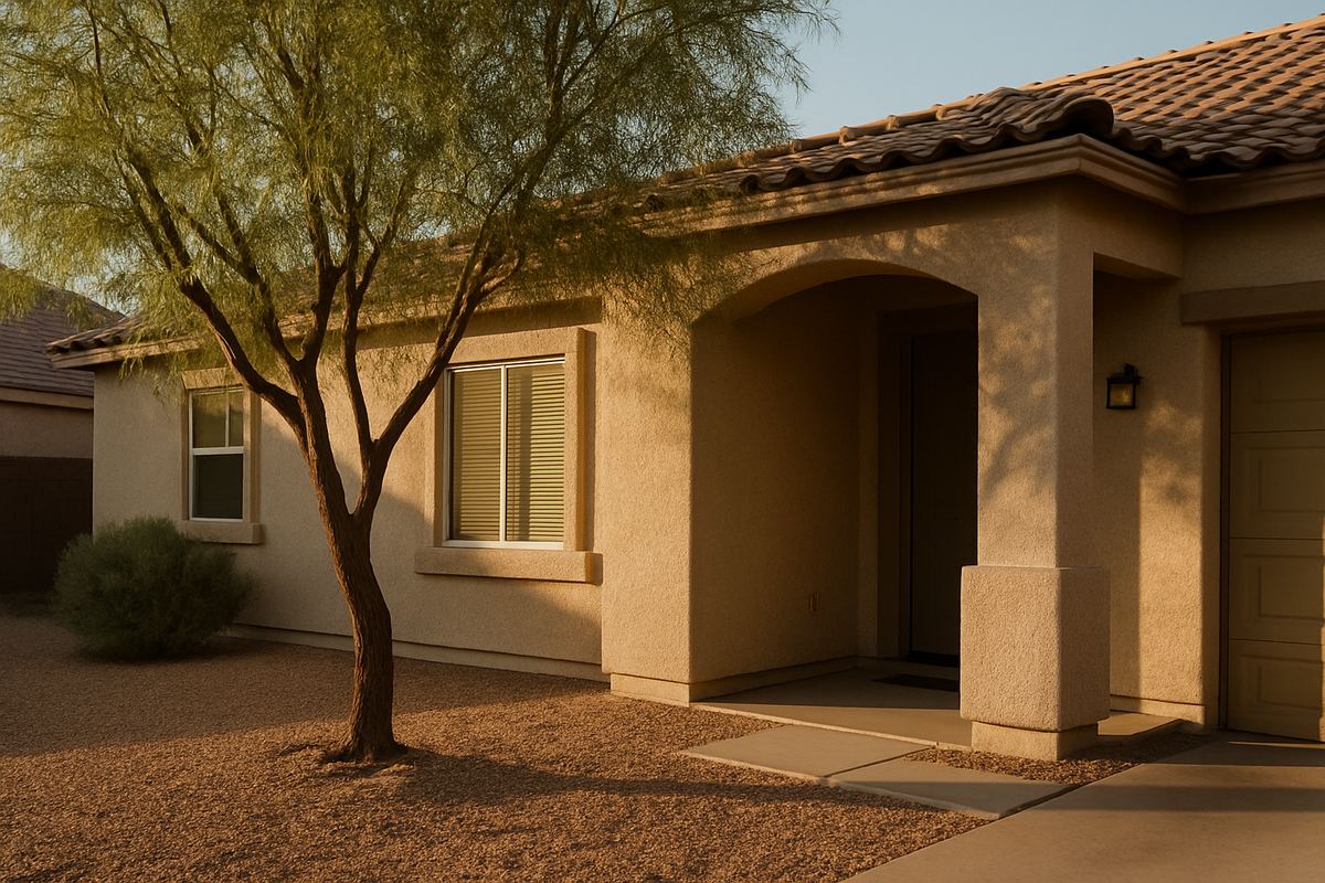 Modest single-story Henderson home with a desert willow out front