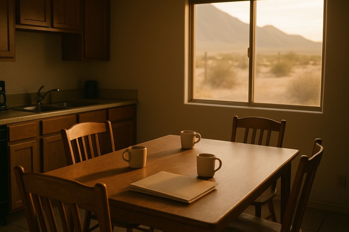 Kitchen table set for a family conversation about an inherited house